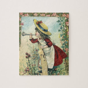 Vintage Victorian Child, Girl Blowing Bugle Meadow Jigsaw Puzzle