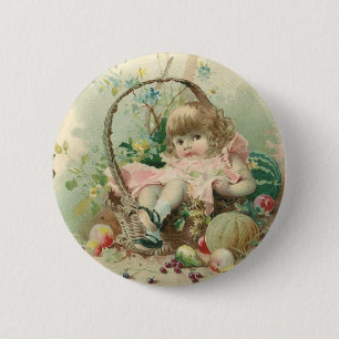 Vintage Victorian Child, Girl Spring Fruit Basket 6 Cm Round Badge