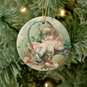 Vintage Victorian Child, Girl Spring Fruit Basket Ceramic Tree Decoration
