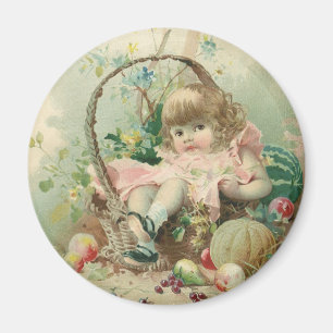 Vintage Victorian Child, Girl Spring Fruit Basket Magnet