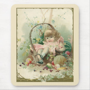 Vintage Victorian Child, Girl Spring Fruit Basket Mouse Pad