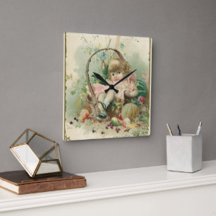 Vintage Victorian Child, Girl Spring Fruit Basket Square Wall Clock