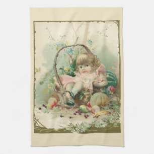 Vintage Victorian Child, Girl Spring Fruit Basket Tea Towel