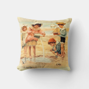 Vintage Victorian Children At The Beach Fine Art Cushion