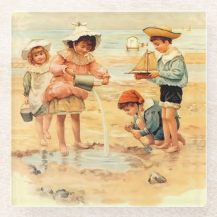 Vintage Victorian Children At The Beach Fine Art Glass Coaster
