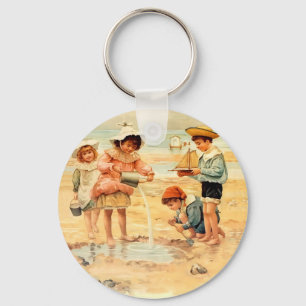 Vintage Victorian Children At The Beach Fine Art Key Ring