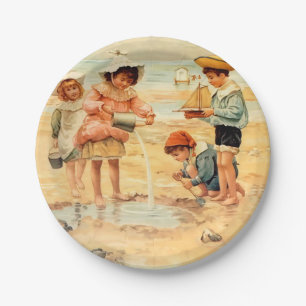 Vintage Victorian Children At The Beach Fine Art Paper Plate