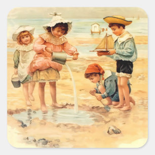 Vintage Victorian Children At The Beach Fine Art Square Sticker