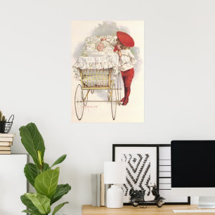 Vintage Victorian Children, Child and Baby in Pram Poster