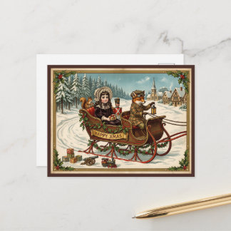 Vintage Victorian Christmas Fox Sleigh Ride Holiday Postcard