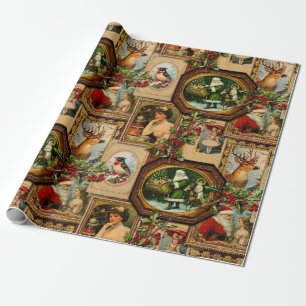 Vintage Victorian Christmas Frame Collage Wrapping Paper