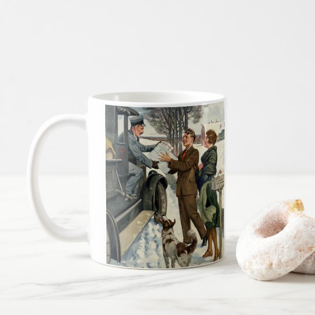 Vintage Victorian Christmas Mailman Delivery Coffee Mug (With Donut)