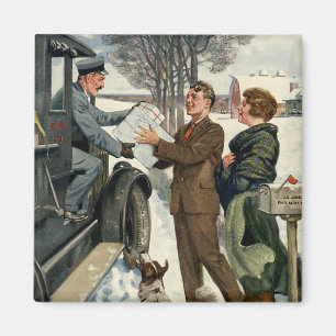 Vintage Victorian Christmas Mailman Delivery Magnet