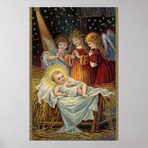 Vintage Victorian Christmas Nativity Angels Poster