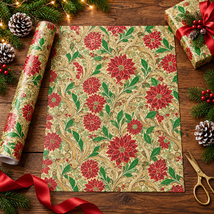 Vintage Victorian Christmas Poinsettia Floral Red  Wrapping Paper