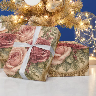 Vintage Victorian Christmas Roses Botanical Wrapping Paper