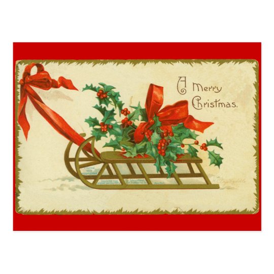 Vintage Victorian Christmas Sled n Holly Postcard