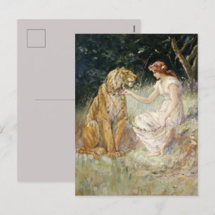 Vintage Victorian Coquette Lady and Tiger Holiday Postcard