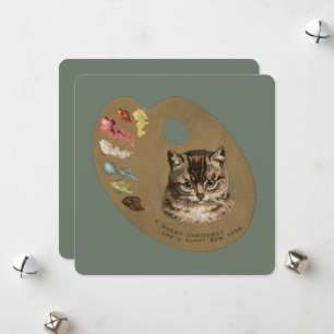 Vintage Victorian Cottagecore Christmas Cat Artist Holiday Card
