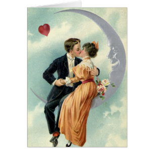 Vintage Victorian Couple Kiss on a Crescent Moon