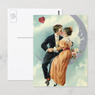 Vintage Victorian Couple Kiss on a Crescent Moon Postcard