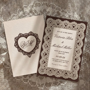 Vintage Victorian Dark Brown Cream Lace Wedding Invitation