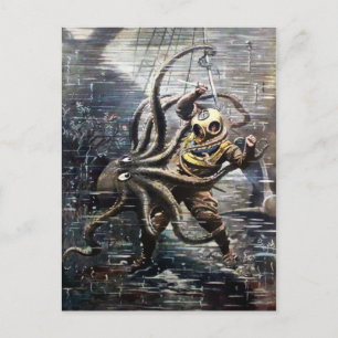 Vintage Victorian Diver Octopus Fight Postcard
