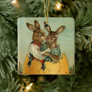 Vintage Victorian Easter Bunnies, Giant Easter Egg Ceramic Tree Decoration
