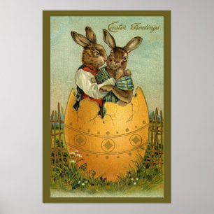 Vintage Victorian Easter Bunnies in a Gold Egg Poster