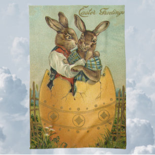 Vintage Victorian Easter Bunnies in a Gold Egg Tea Towel