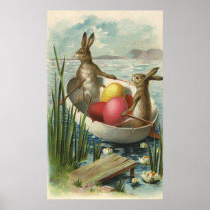 Vintage Victorian Easter Bunnies in an Egg Boat Poster