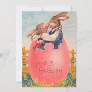 Vintage Victorian Easter Greeting Two Bunnies Kiss Invitation