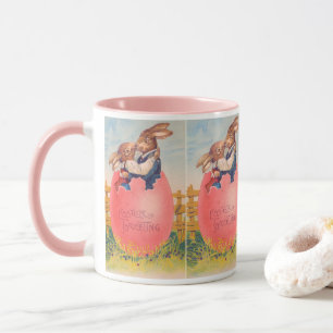 Vintage Victorian Easter Greeting Two Bunnies Kiss Mug