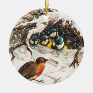 Vintage Victorian era Christmas Card, Birds Ceramic Ornament