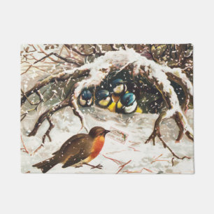 Vintage Victorian era Christmas Card, Birds Doormat