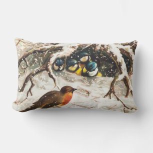 Vintage Victorian era Christmas Card, Birds Lumbar Cushion