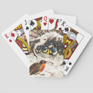 Vintage Victorian era Christmas Card, Birds Playing Cards