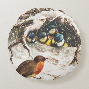 Vintage Victorian era Christmas Card, Birds Round Cushion