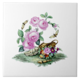 Vintage Victorian Era Flower Basket Painting Ceramic Tile