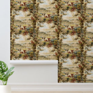 Vintage Victorian Era Pastoral Farm Scene Pattern Wallpaper