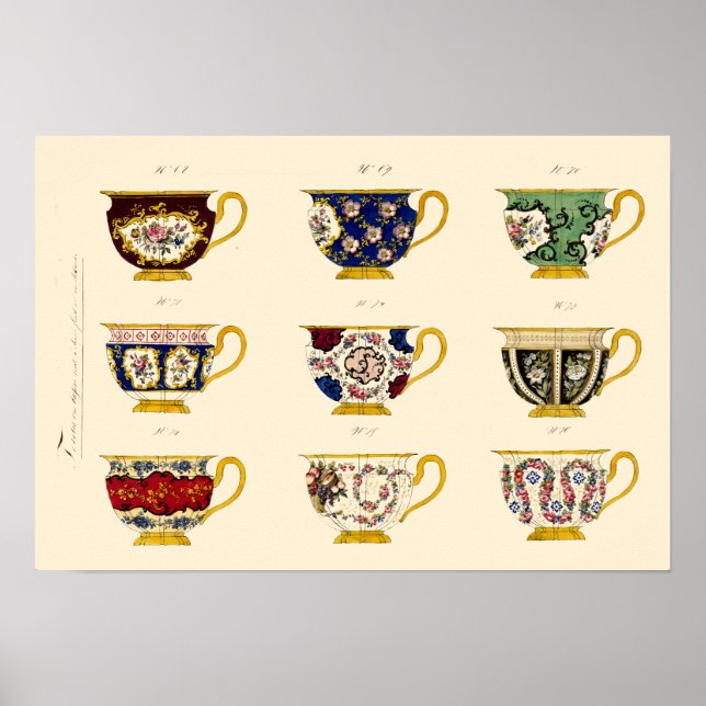 Vintage Victorian Era Tea Cup Designs Poster (Front)
