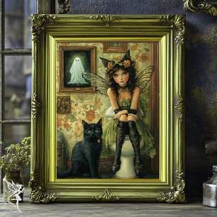Vintage Victorian Fairy & Black Cat in the Loo Art Poster