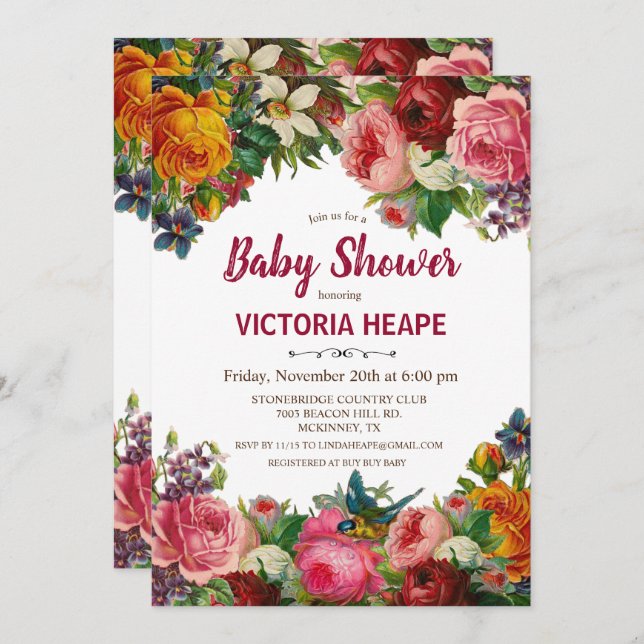 Vintage Victorian Floral Baby Shower Invitation (Front/Back)