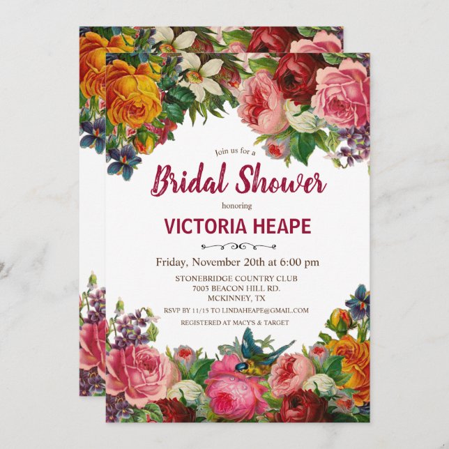 Vintage Victorian Floral Bridal Shower Invitation (Front/Back)