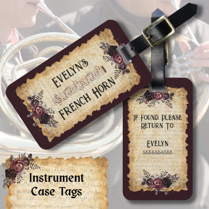 Vintage Victorian Floral French Horn Instrument Luggage Tag