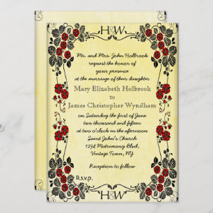 Vintage Victorian Floral Red Monogram Wedding Invitation