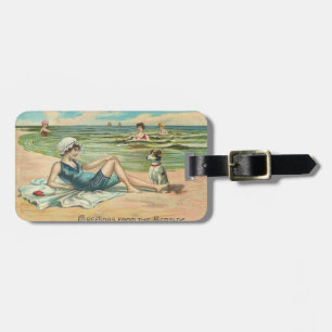 Vintage Victorian Girl and Dog Seaside antique art Luggage Tag