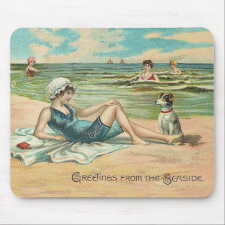Vintage Victorian Girl and Dog Seaside antique art Mouse Pad