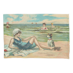 Vintage Victorian Girl and Dog Seaside antique art Pillowcase