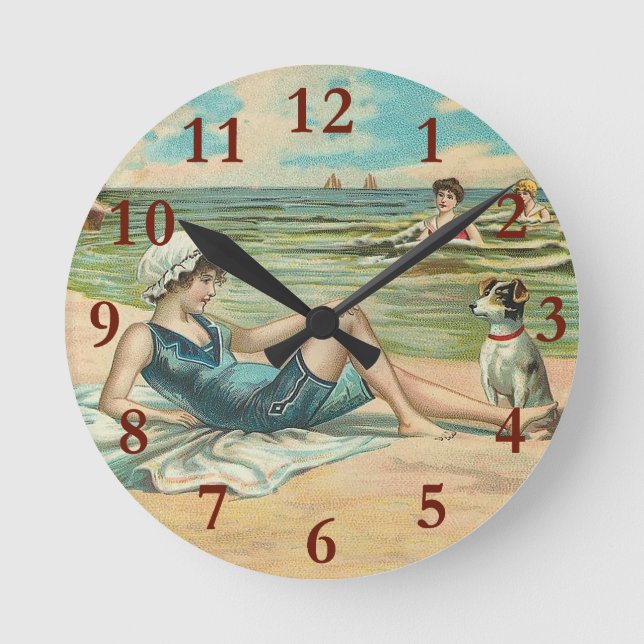 Vintage Victorian Girl and Dog Seaside antique art Round Clock (Front)